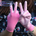 NMSAFETY 13 gauge pink polyester palm coated white pu glove (nylon available)